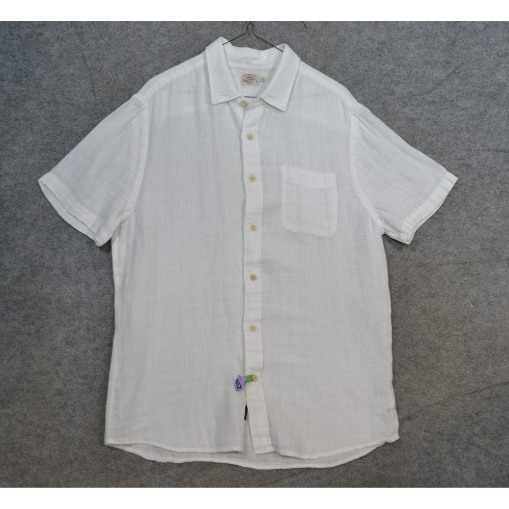 Faherty Shirt Mens L White Linen Woven Short Sleeve Button Up Lightweight Casual